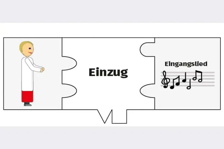 Beispielhafte Darstellung der ersten Reihe des Puzzles für den Messablauf. Die erste Reihe besteht aus drei einzelnen Teilen - von links nach rechts: Messdiener der steht, "Einzug" und "Eingangslied".