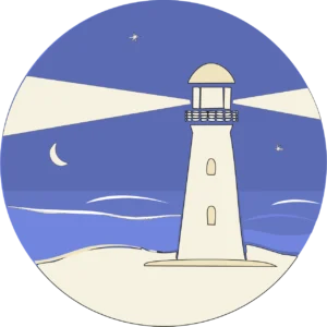 Die Illustration zeigt ein Leuchtturm am Strand, der bei Nacht und ruhiger See für Orientierung sorgt.