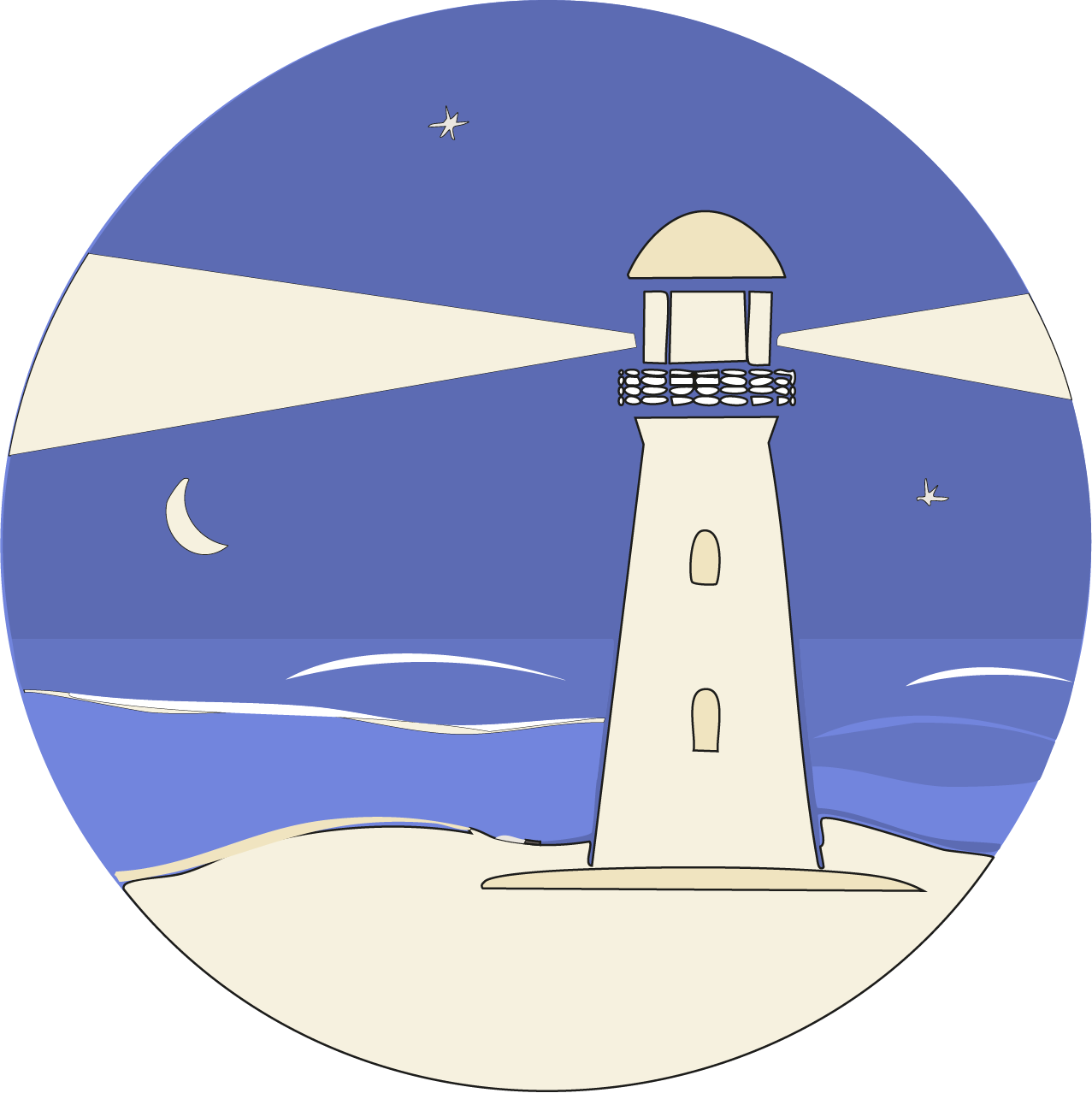 Die Illustration zeigt ein Leuchtturm am Strand, der bei Nacht und ruhiger See für Orientierung sorgt.