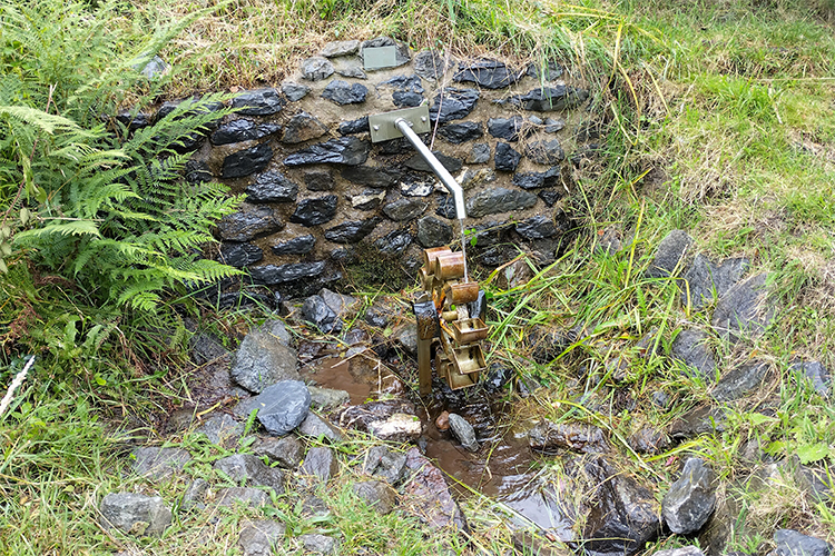 Eine Trinkwasserquelle mitten im Wald. Aus einer gemauerten Wand ragt ein Metallrohr, aus dem Wasser läuft. Dieses Wasser treibt ein kleines Wasserrad an.