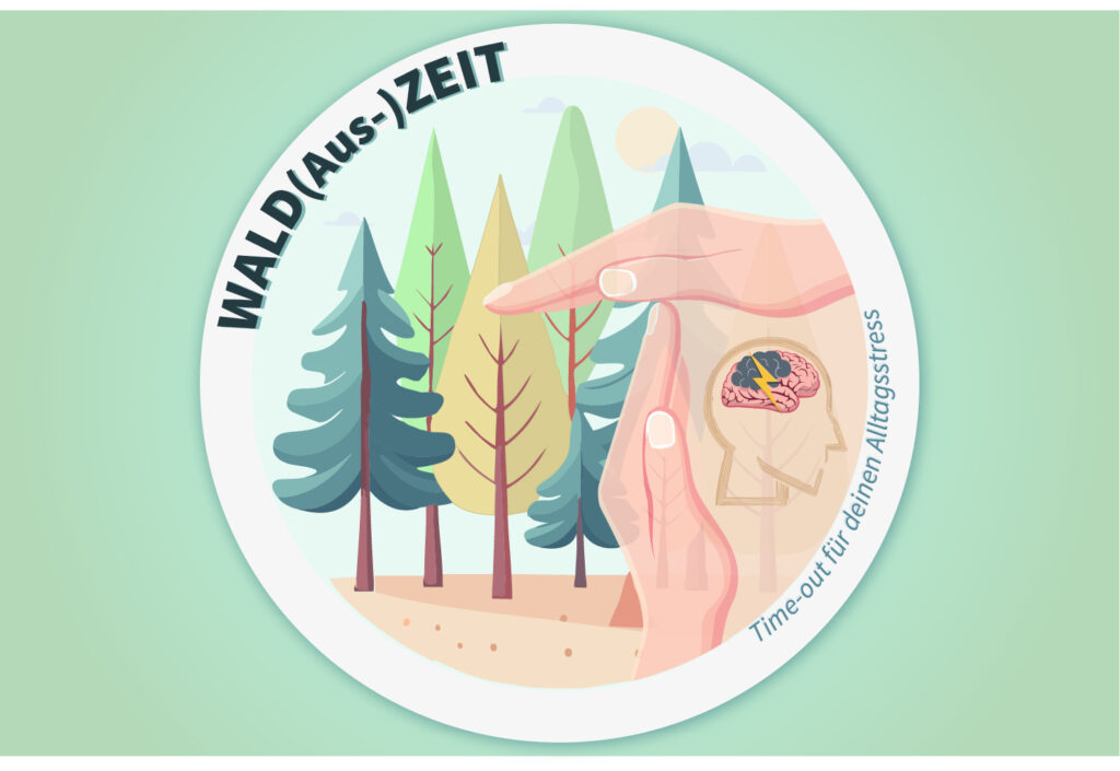 Logo der Wald(Aus)Zeit: Neben der Illustration eines Waldes, befinden sich zwei Hände. Die linke Hand steht senkrecht die rechte Hand waagerecht, sodass beide zusammen ein "T" bilden, als Zeichen für "time-out". Neben der Händen ist symbolisch für den alltäglichen Stress eine Ilustration eines menschlichen Kopfes mit der vereinfachten Darstellung des Gehirns zu sehen. Im Gehirn befindet sich eine dunkle Wolken mit einem Blitz.