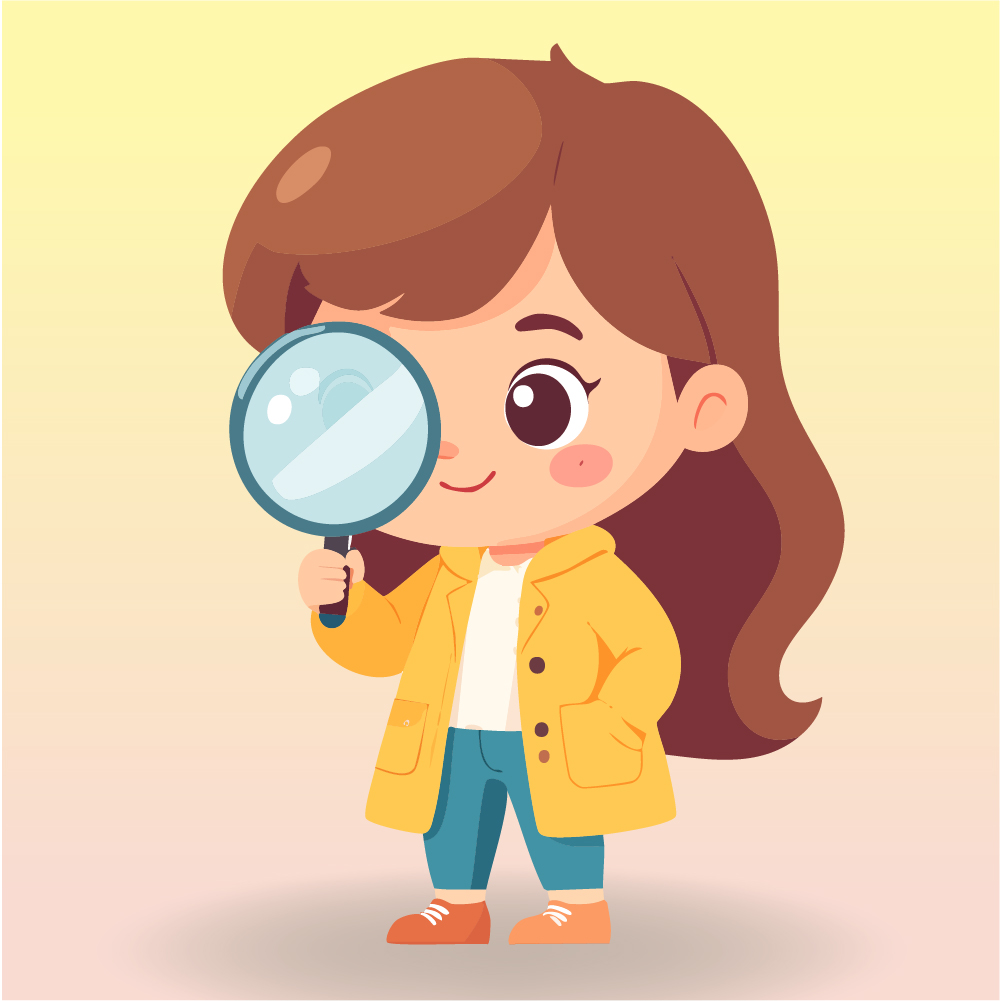 Illustration eines Mädchens mit einer Lupe, das auf neugieriger Entdeckungstour ist.