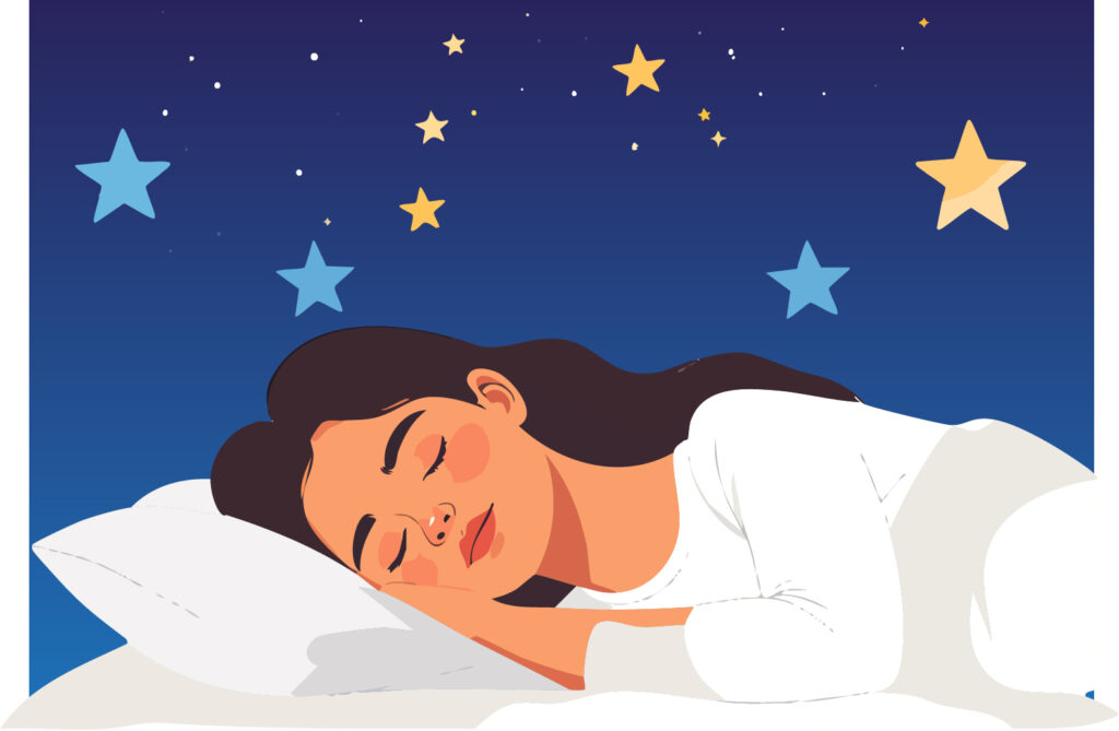 Illustration eines Mädchens, das ruhig und friedlich auf einem Kissen liegt und schläft. Über ihr ist der dunkelblaue Nachhimmel mit einigen Sternen zu sehen.
