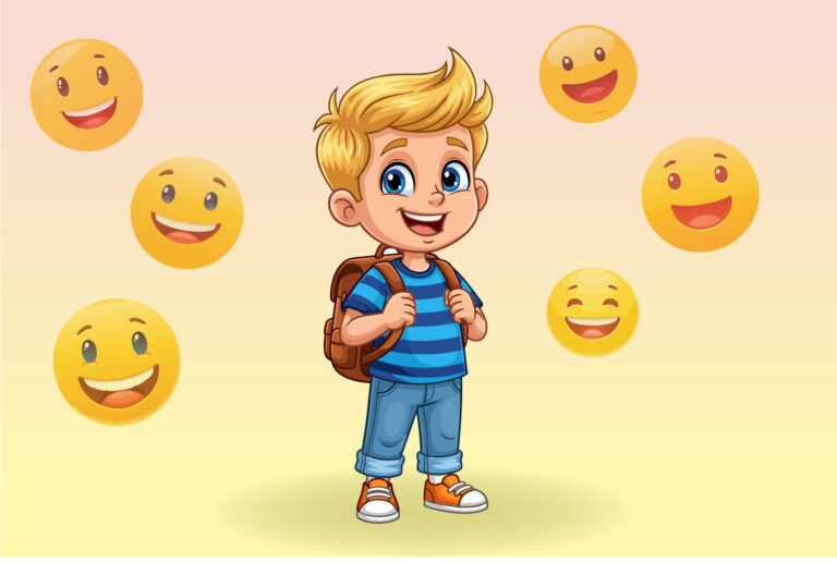 Grafik eines Sch&uuml;lers, der freundlich lacht. Im Hintergrund sind verschiedene lachende Emoticons zu sehen.