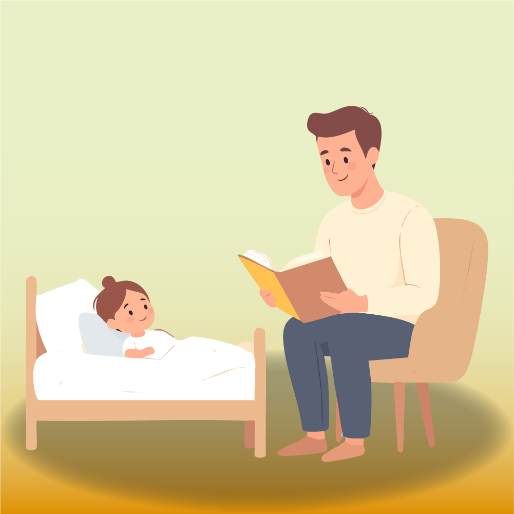 Illustration: Als Ritual vor dem Schlafen liest ein Vater seiner Tochter eine Geschichte vor. Die Tochter liegt ruhig im Bett, der Vater sitzt neben dem Bett auf einem Stuhl.